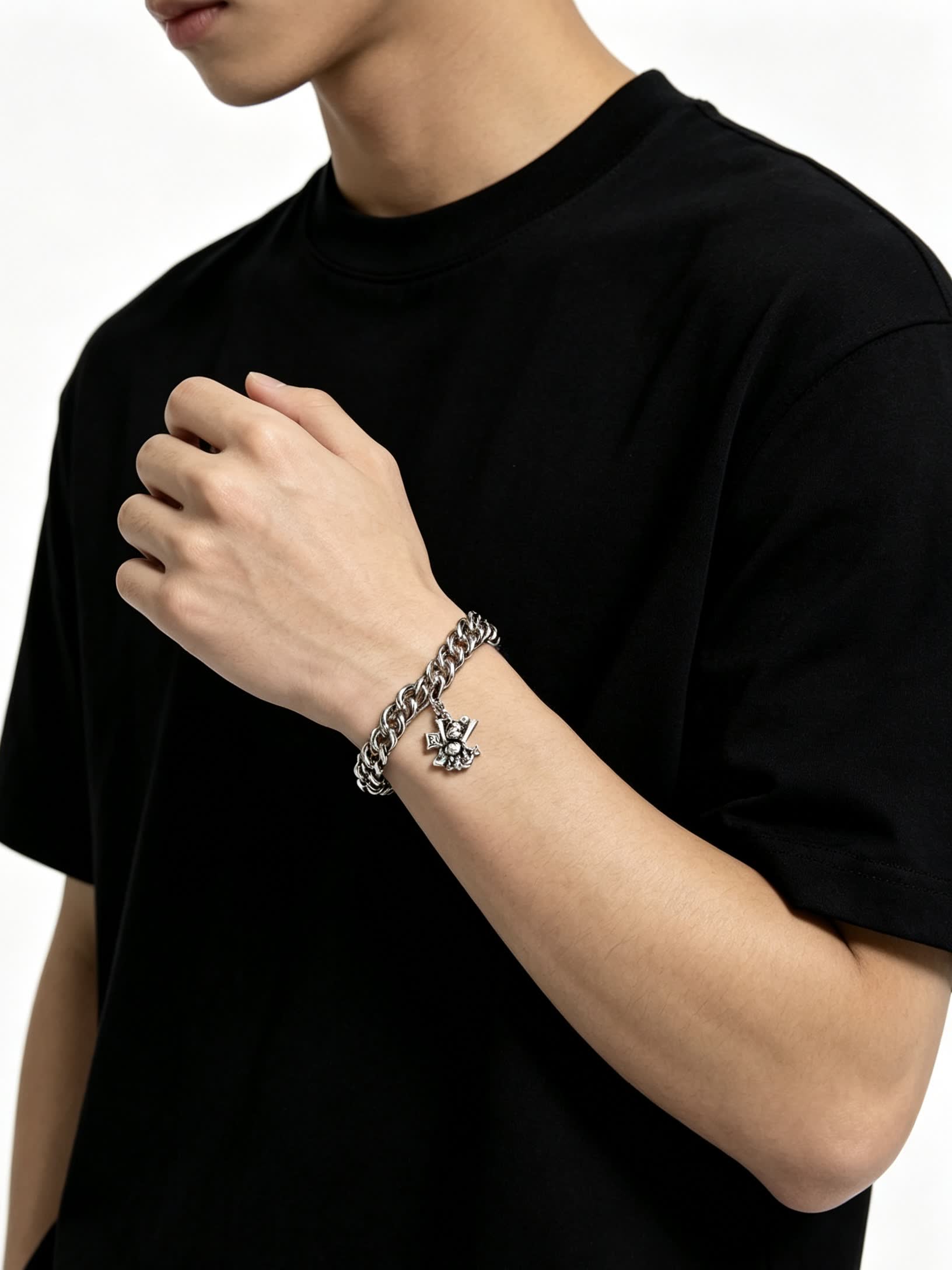 Louis Vuitton Silver Tone Bracelet with Monogram Charm
